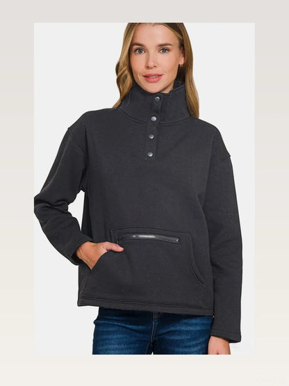 Turtleneck Half Snap Fleece Sweatshirt in Black — styled showcase — Livostyle