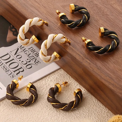 Twisted Leather Rope C-Hoop Earrings — square view — Livostyle