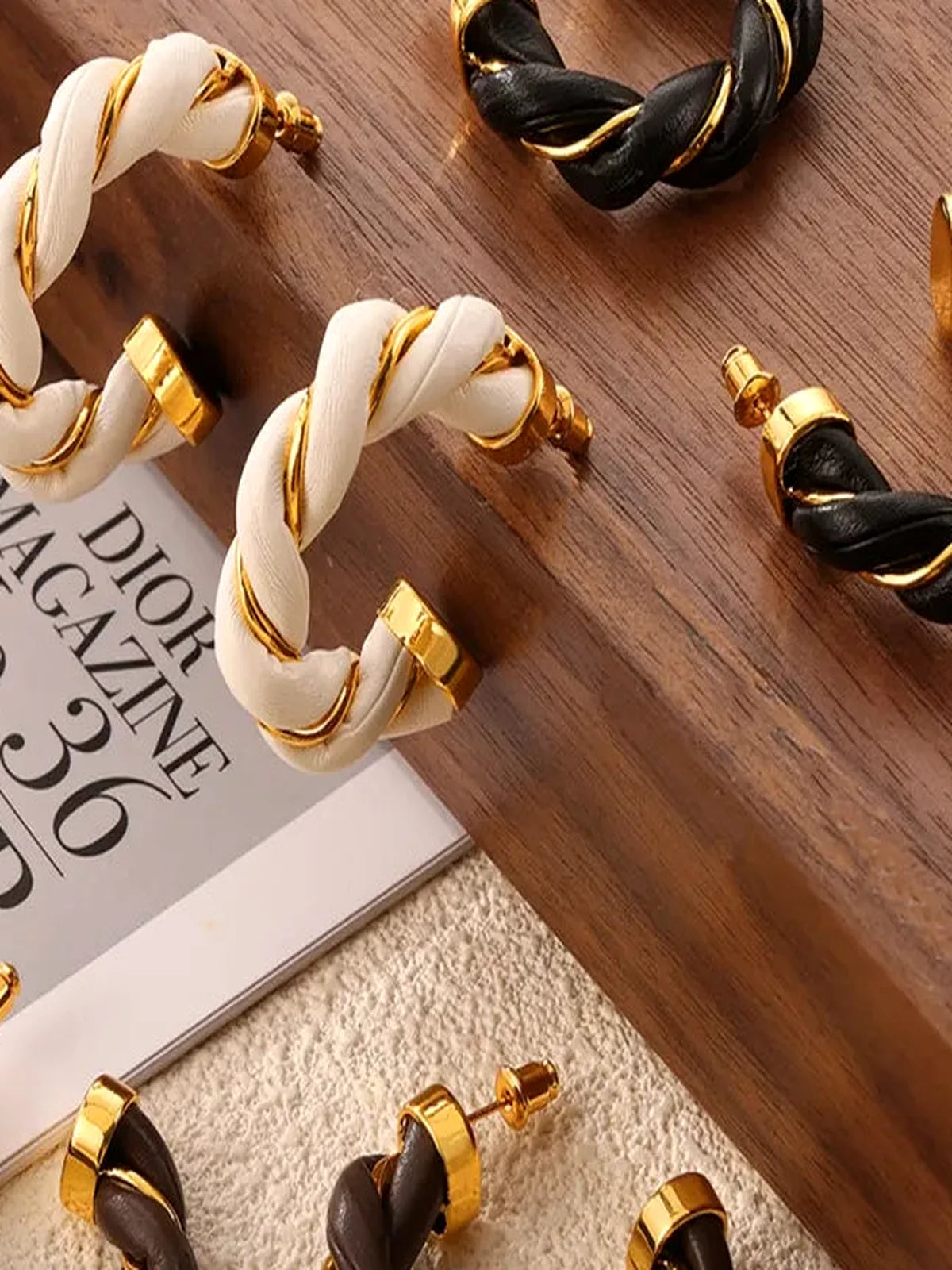 Twisted Leather Rope C-Hoop Earrings — detail view — Livostyle