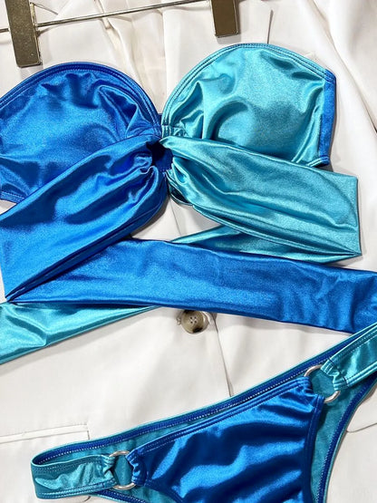 Two-Tone Ring Detail Tied Bikini Set — detail view — Livostyle