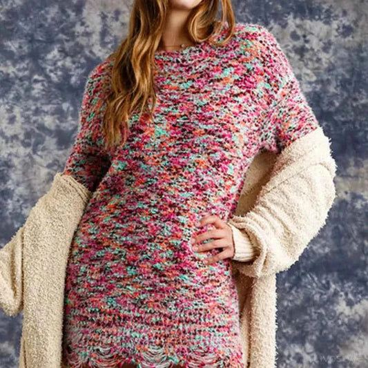 Distressed Hem Multicolored Round Neck Knit Tunic Dress — square view — Livostyle