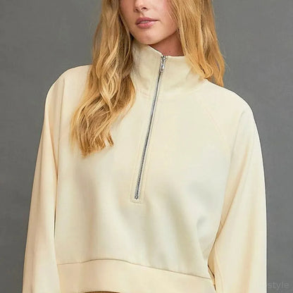Half Zip Cropped Sweatshirt in Pastel Yellow — square view — Livostyle