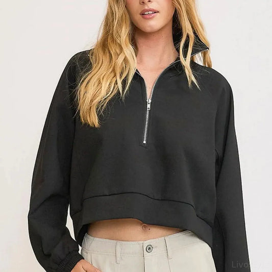 Half Zip Cropped Sweatshirt in Black — square view — Livostyle