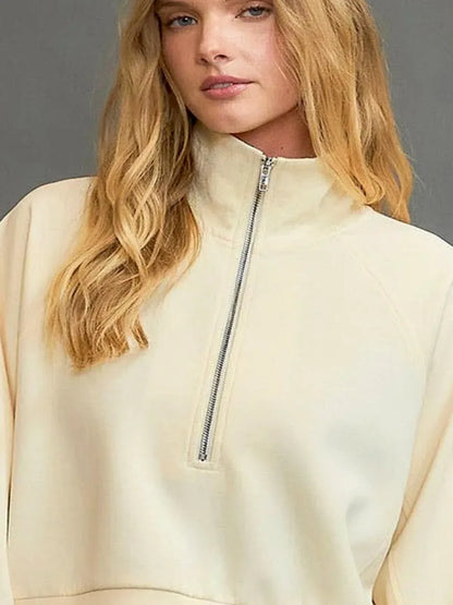 Half Zip Cropped Sweatshirt in Pastel Yellow — detail view — Livostyle