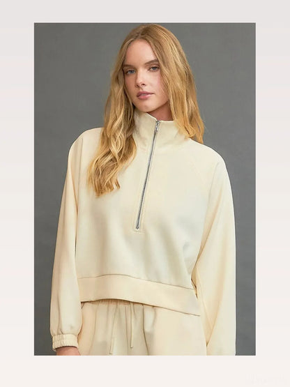 Half Zip Cropped Sweatshirt in Pastel Yellow — styled showcase — Livostyle