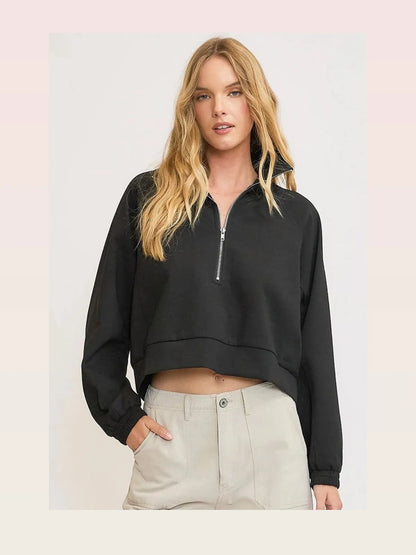 Half Zip Cropped Sweatshirt in Black — styled showcase — Livostyle