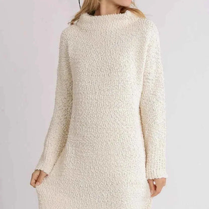 High Low Long Sleeve Boucle Sweater Dress — square view — Livostyle