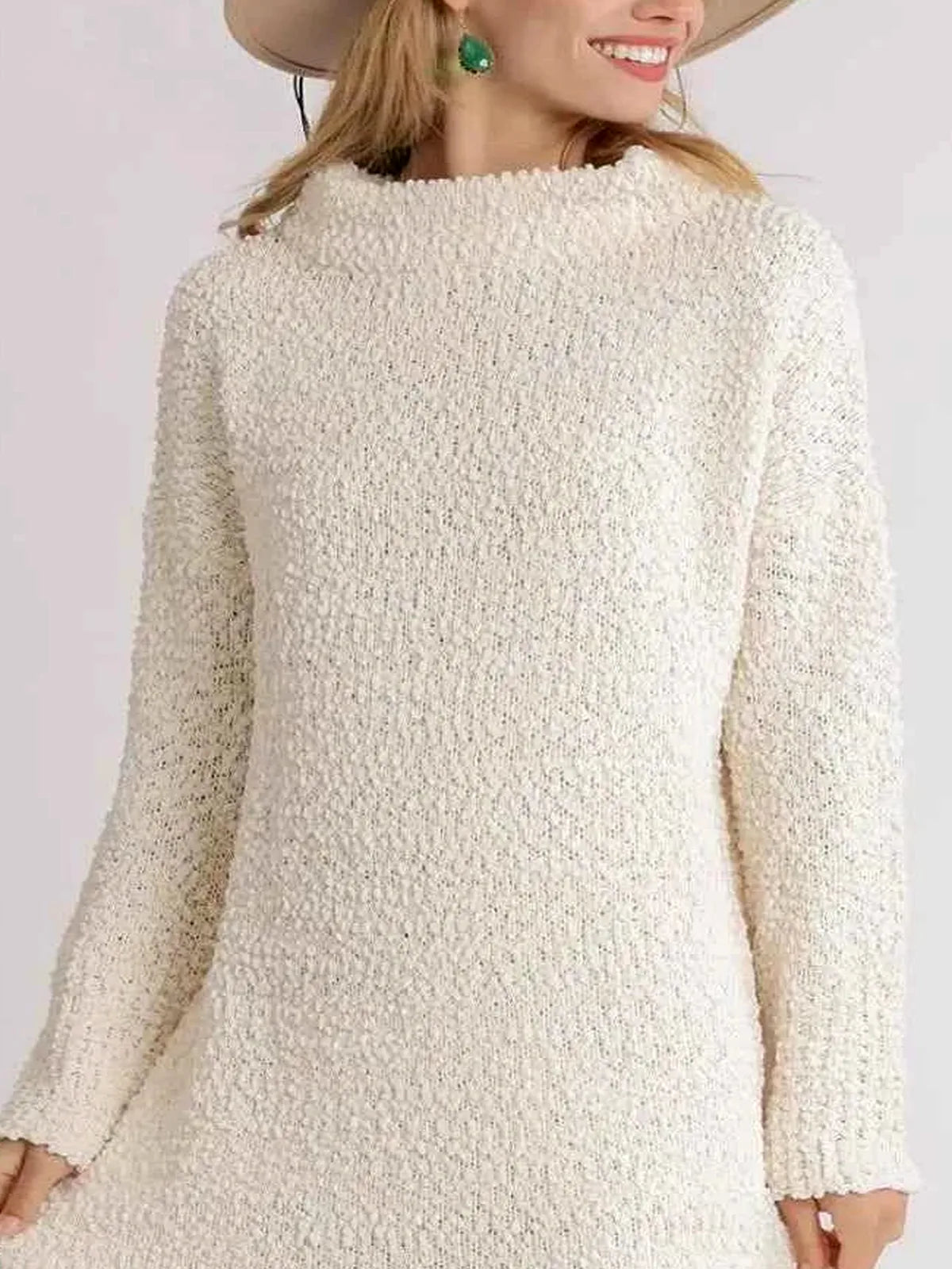 High Low Long Sleeve Boucle Sweater Dress — detail view — Livostyle