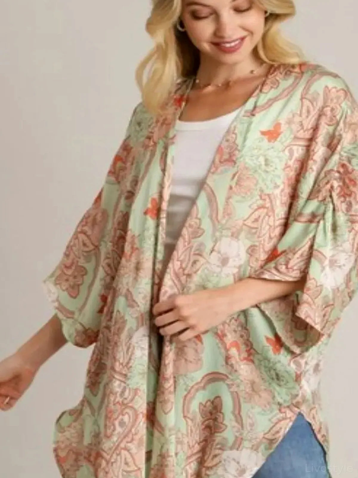 Mixed Print Open Front Kimono with Ruffle Sleeves — detail view — Livostyle