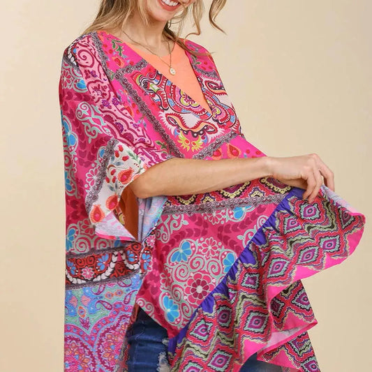 Mixed Print Ruffle Hem Open Front Cover Up — square view — Livostyle