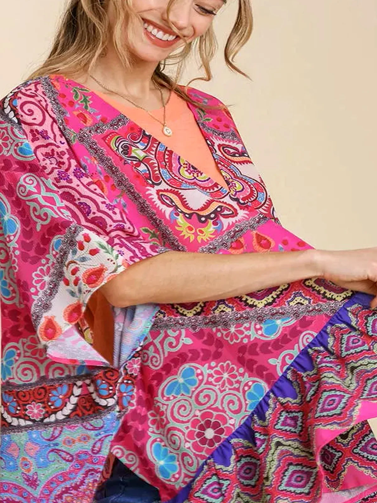 Mixed Print Ruffle Hem Open Front Cover Up — detail view — Livostyle