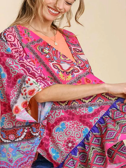 Mixed Print Ruffle Hem Open Front Cover Up — detail view — Livostyle