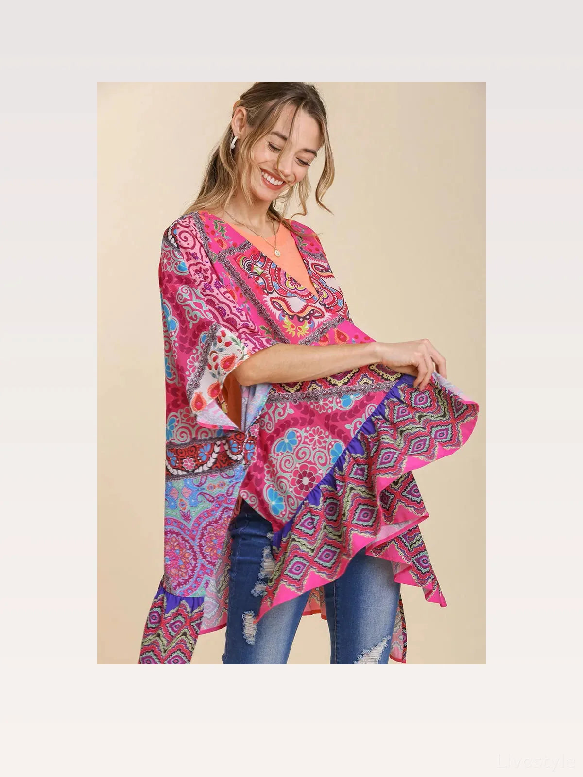 Mixed Print Ruffle Hem Open Front Cover Up — styled showcase — Livostyle