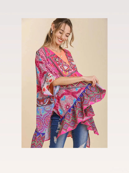 Mixed Print Ruffle Hem Open Front Cover Up — styled showcase — Livostyle