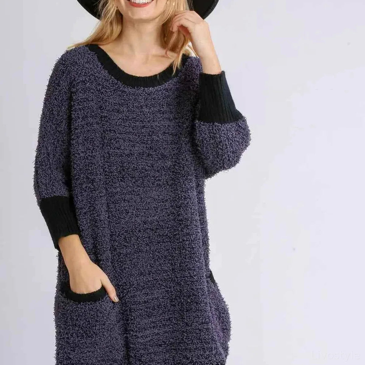 Ribbed Hem Round Neck 3/4 Sleeve Sweater Dress with Pockets  — square view — Livostyle