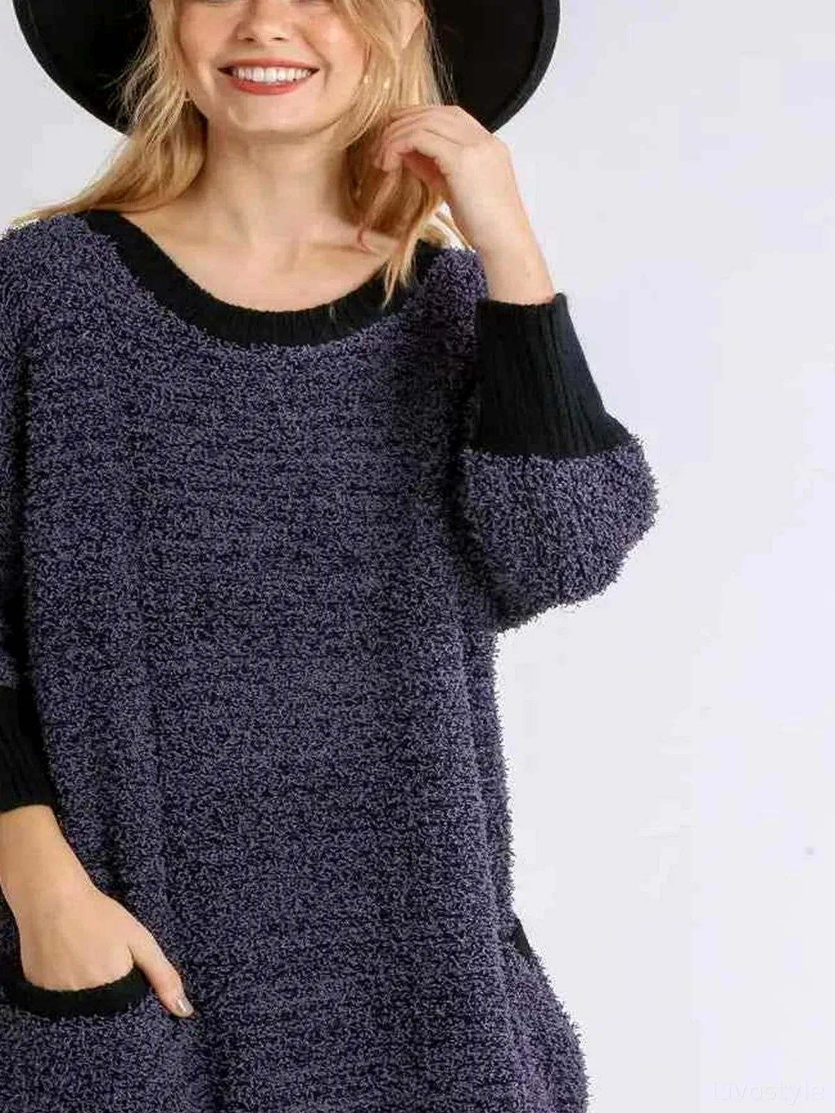 Ribbed Hem Round Neck 3/4 Sleeve Sweater Dress with Pockets  — detail view — Livostyle