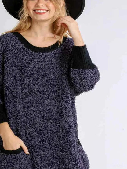 Ribbed Hem Round Neck 3/4 Sleeve Sweater Dress with Pockets  — detail view — Livostyle