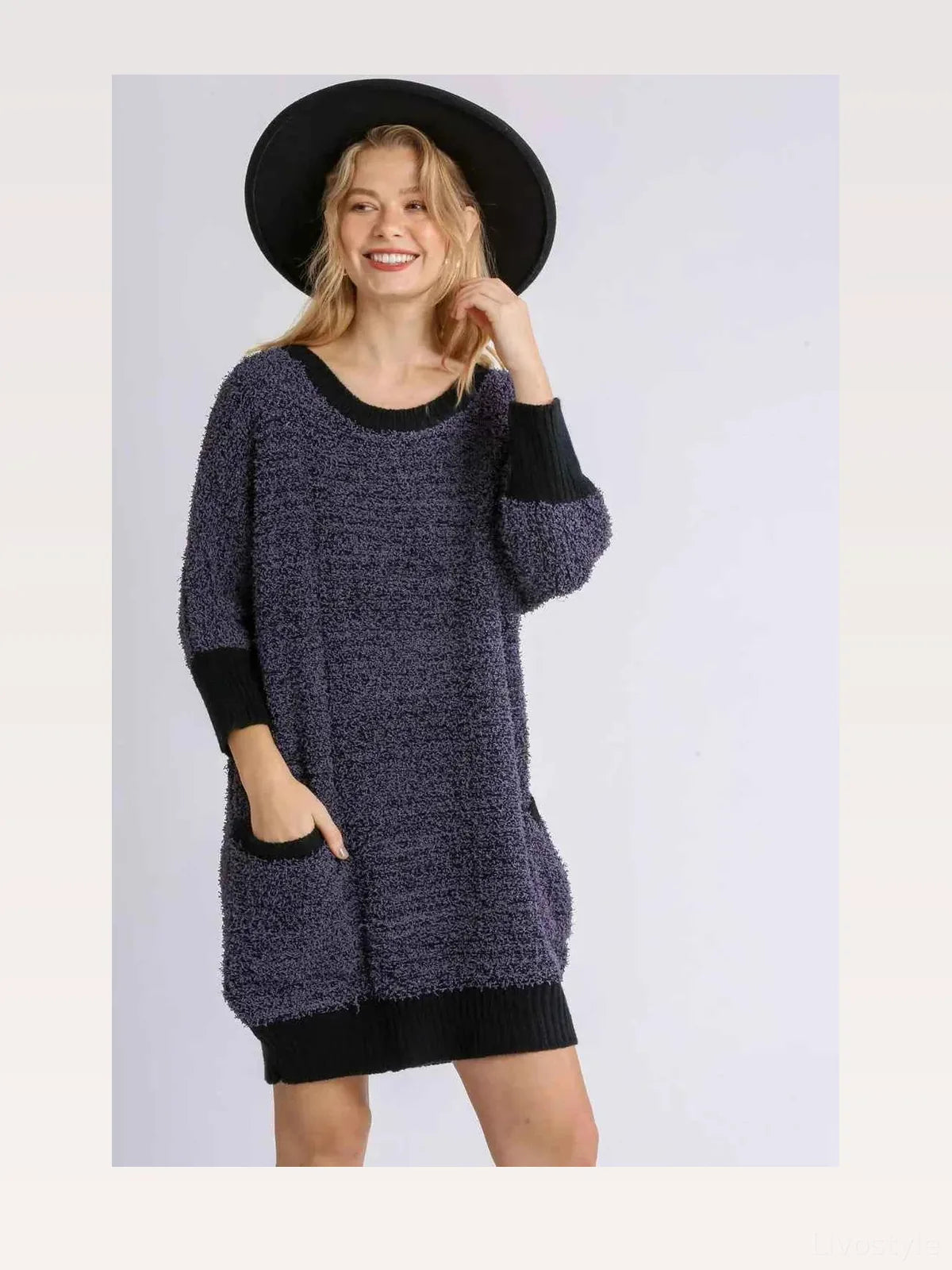 Ribbed Hem Round Neck 3/4 Sleeve Sweater Dress with Pockets  — styled showcase — Livostyle