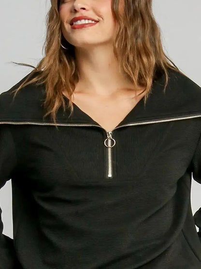 Ribbed Knit Half Zipper Sweatshirt in Black — detail view — Livostyle