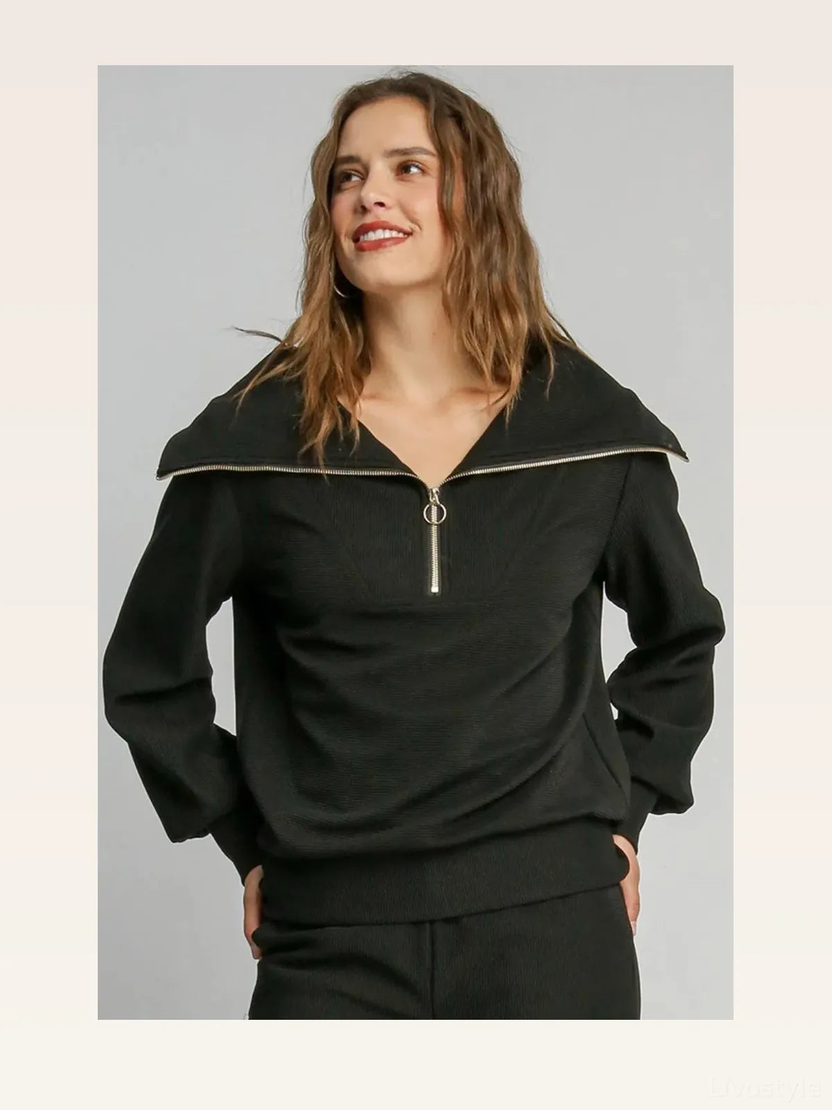 Ribbed Knit Half Zipper Sweatshirt in Black — styled showcase — Livostyle