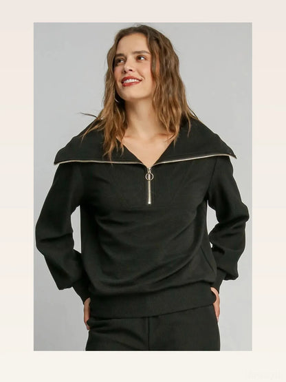 Ribbed Knit Half Zipper Sweatshirt in Black — styled showcase — Livostyle