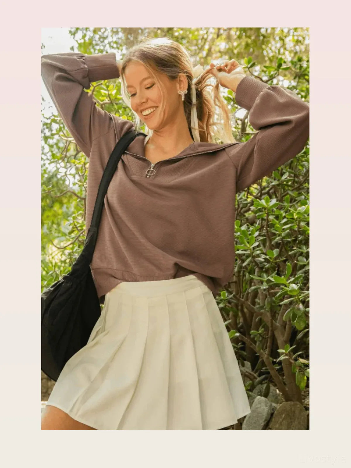 Ribbed Knit Half Zipper Sweatshirt in Brown — styled showcase — Livostyle