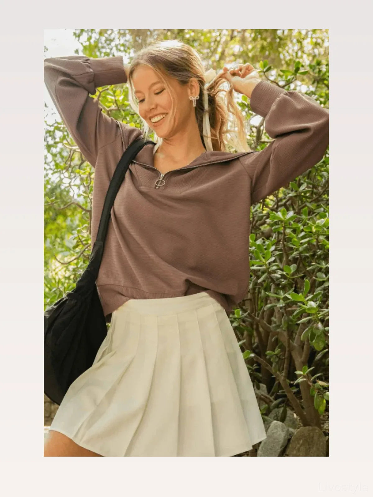 Ribbed Knit Half Zipper Sweatshirt in Brown — styled showcase — Livostyle