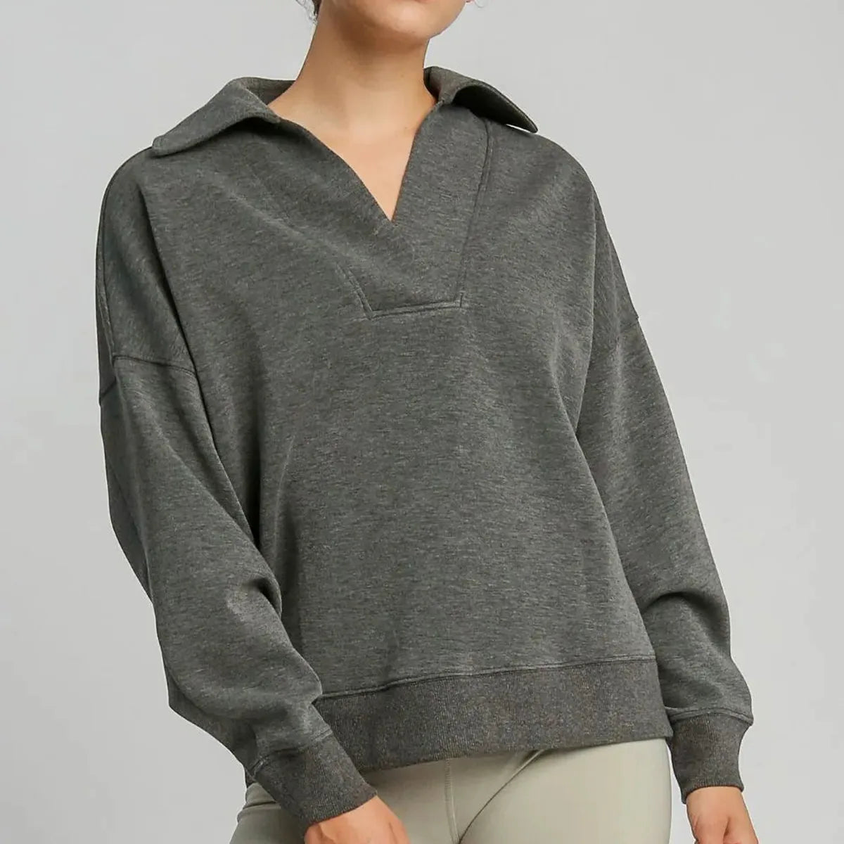 Johnny Collar Dropped Shoulder Sweatshirt in Charcoal — square view — Livostyle