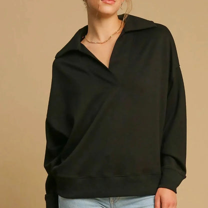 Johnny Collar Dropped Shoulder Sweatshirt in Black — square view — Livostyle