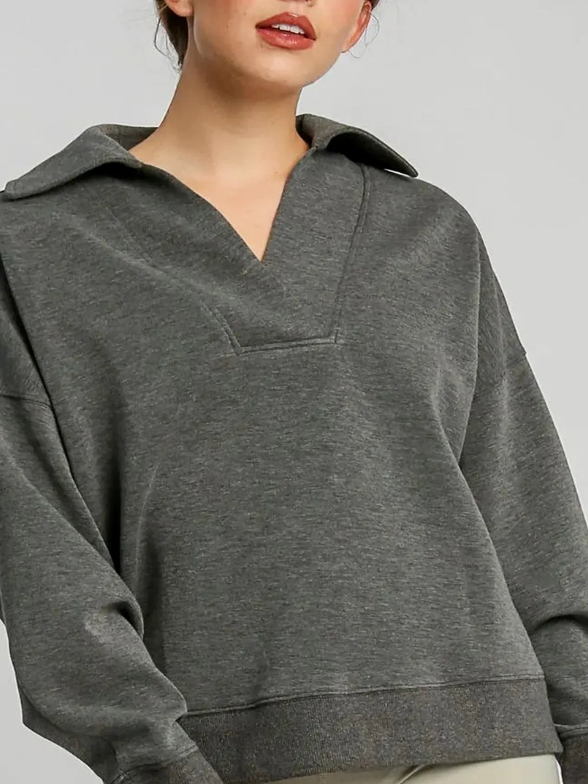 Johnny Collar Dropped Shoulder Sweatshirt in Charcoal — detail view — Livostyle