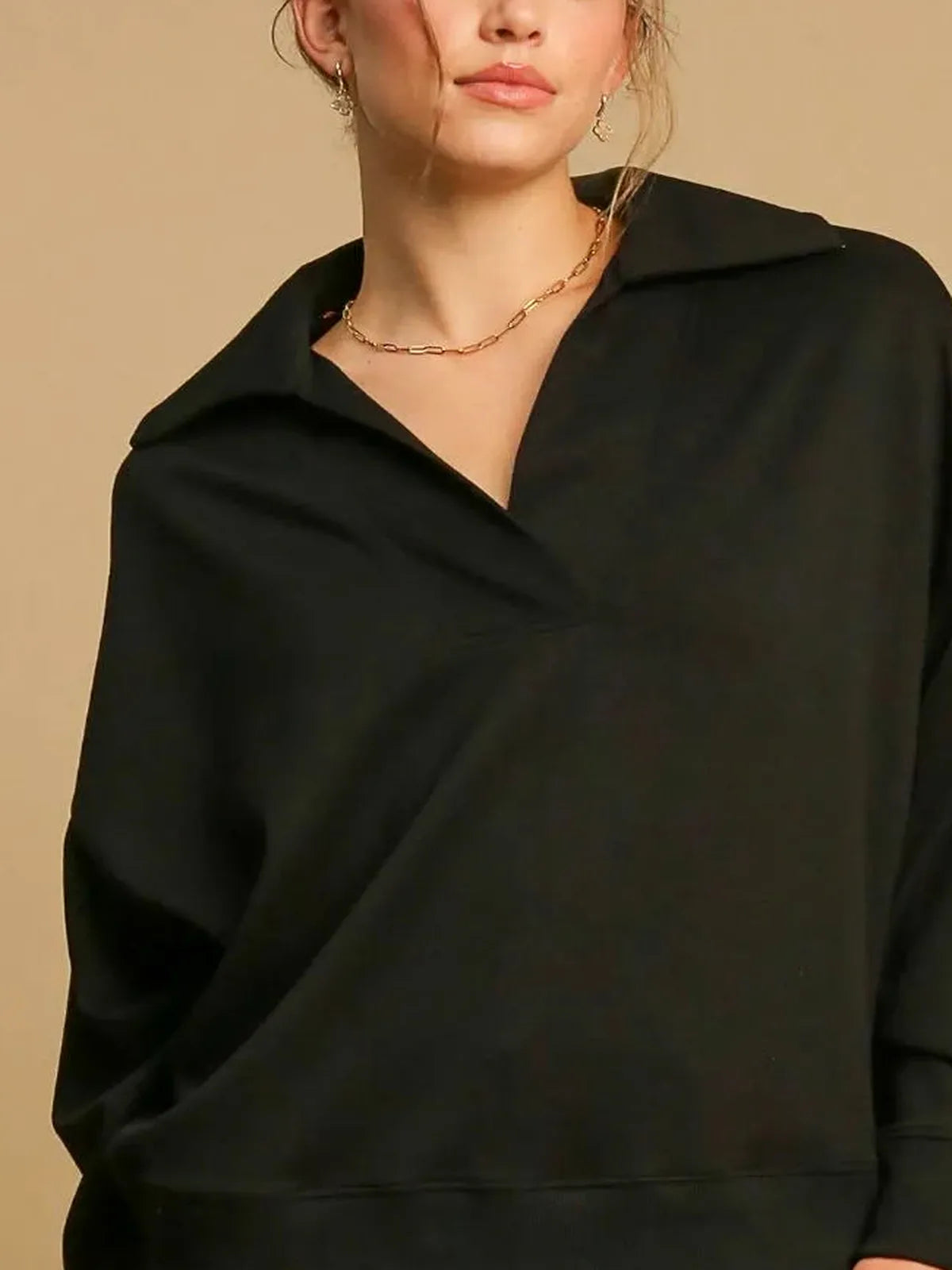 Johnny Collar Dropped Shoulder Sweatshirt in Black — detail view — Livostyle