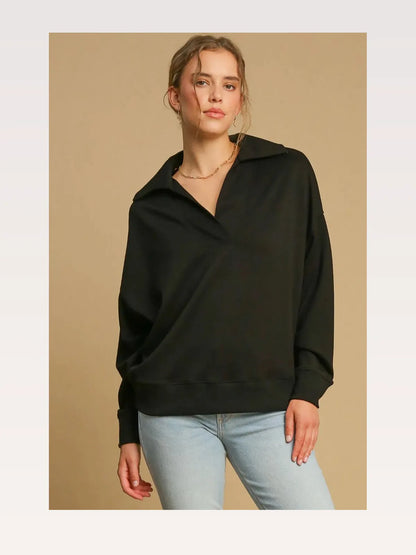 Johnny Collar Dropped Shoulder Sweatshirt in Black — styled showcase — Livostyle
