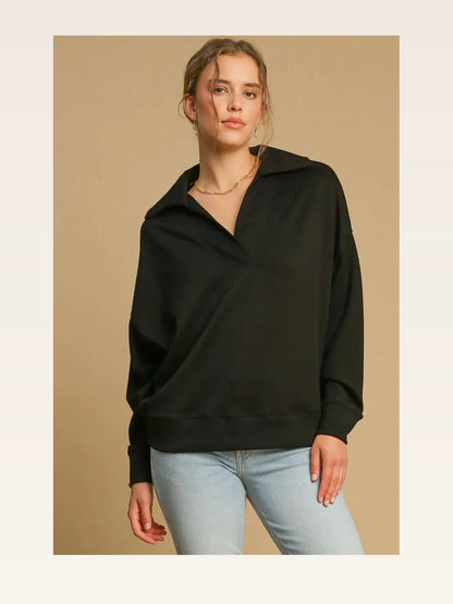 Johnny Collar Dropped Shoulder Sweatshirt in Black — styled showcase — Livostyle