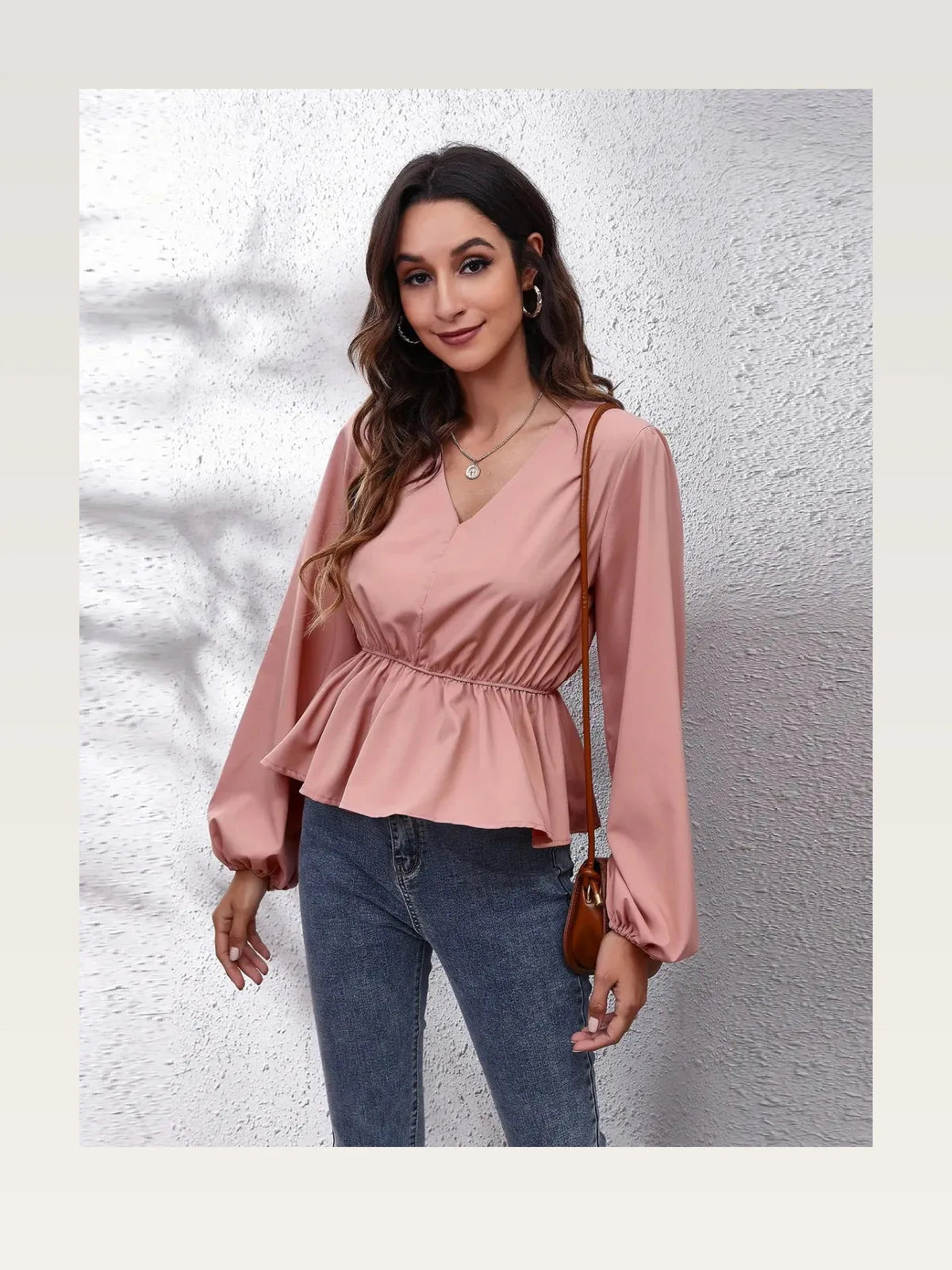 V-Neck Balloon Sleeve Peplum Blouse — styled showcase — Livostyle