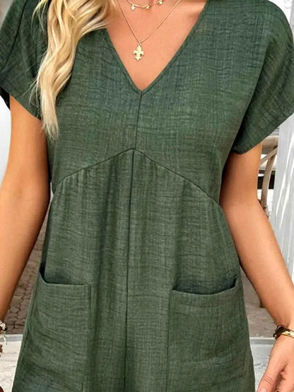 V-Neck Casual Short Sleeve Romper with Pockets — detail view — Livostyle