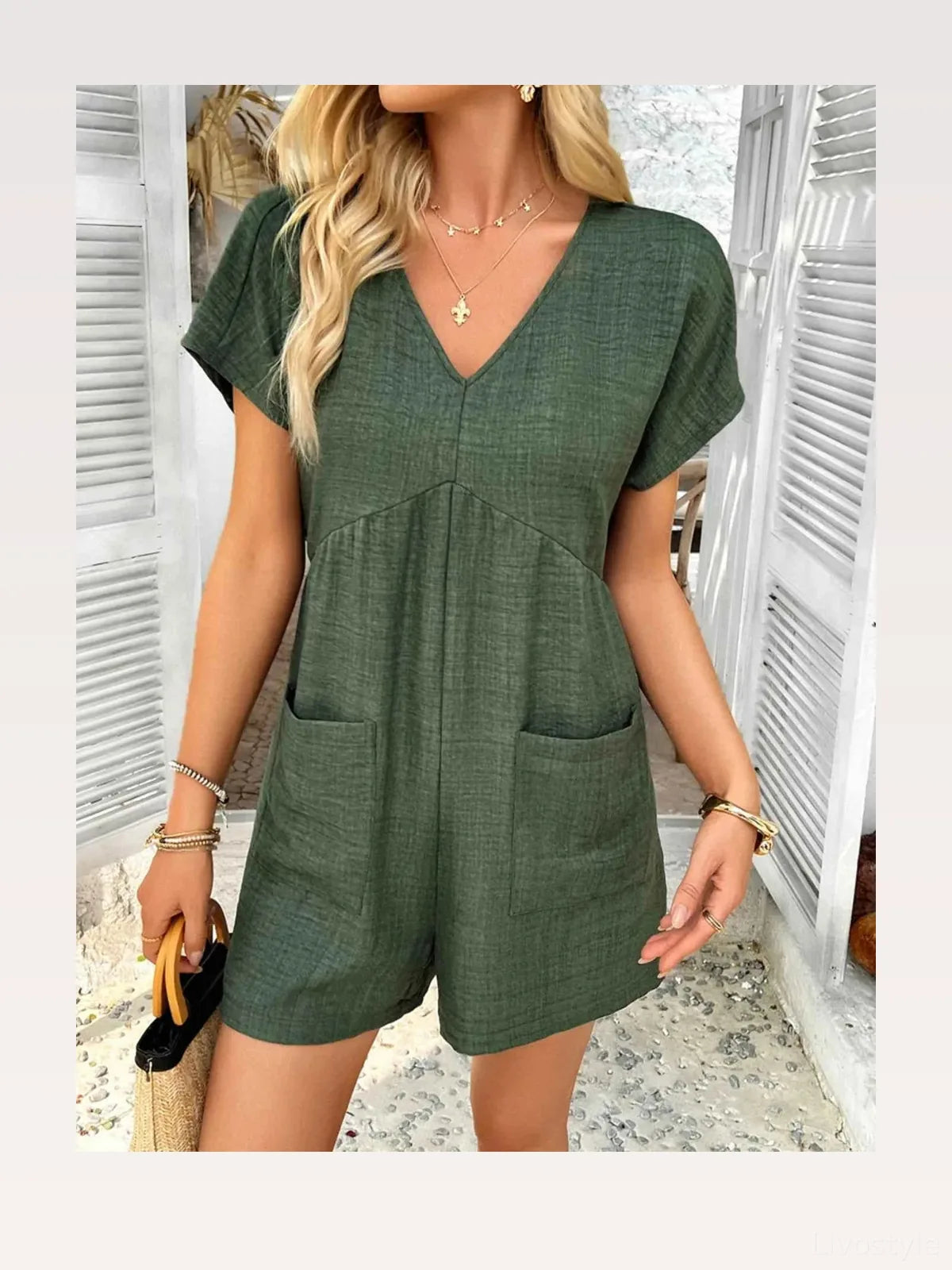 V-Neck Casual Short Sleeve Romper with Pockets — styled showcase — Livostyle