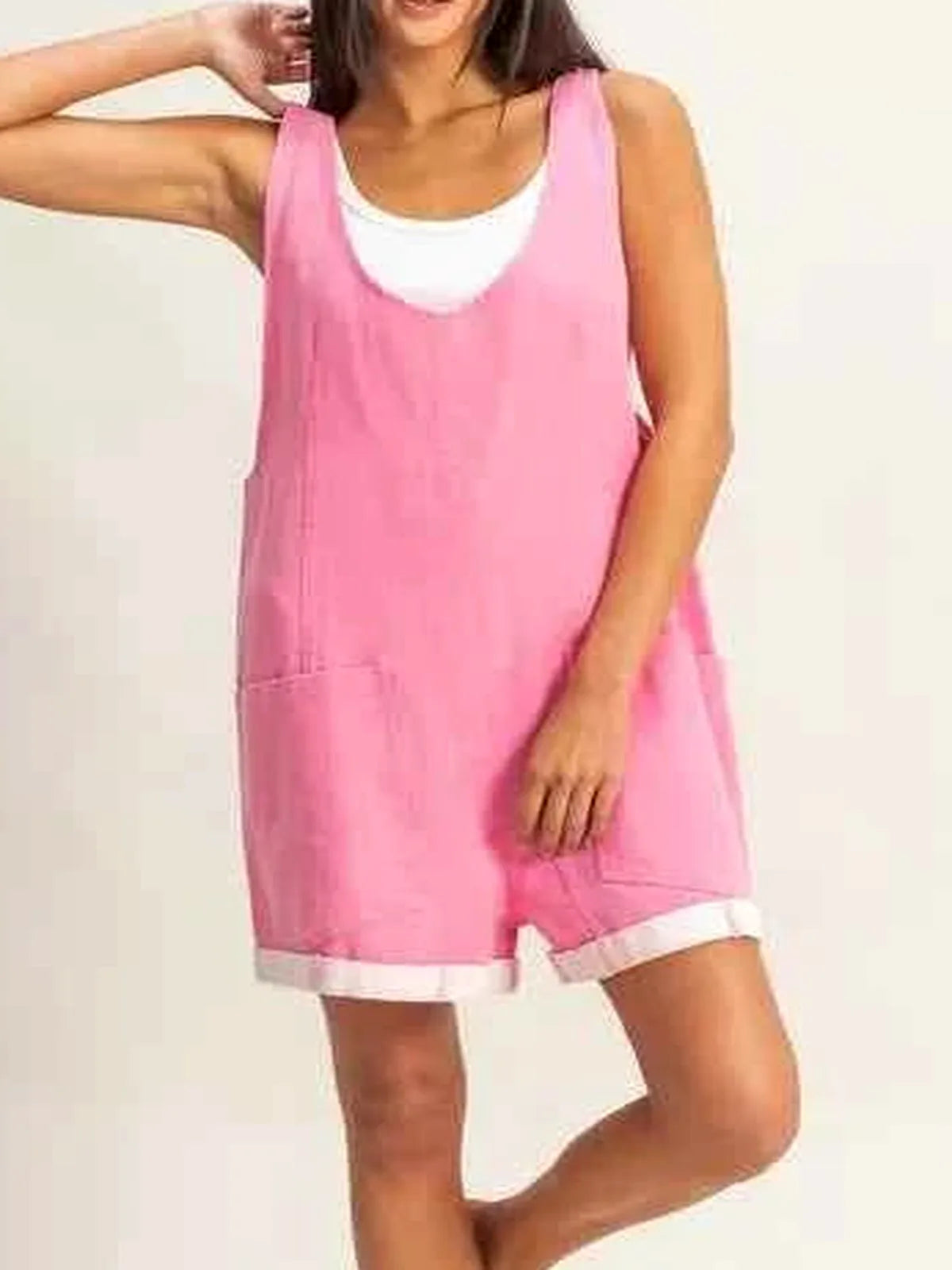 V-Neck Pocket Detail Romper in PINK — detail view — Livostyle