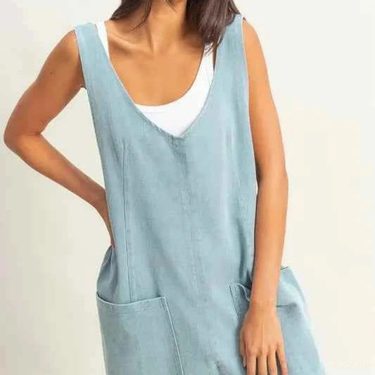 V-Neck Pocket Detail Romper in LIGHT BLUE — square view — Livostyle