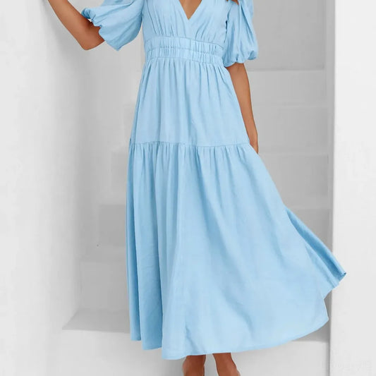 V-Neck Puff Sleeve Midi Dress — square view — Livostyle