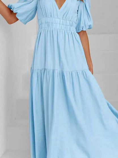 V-Neck Puff Sleeve Midi Dress — detail view — Livostyle