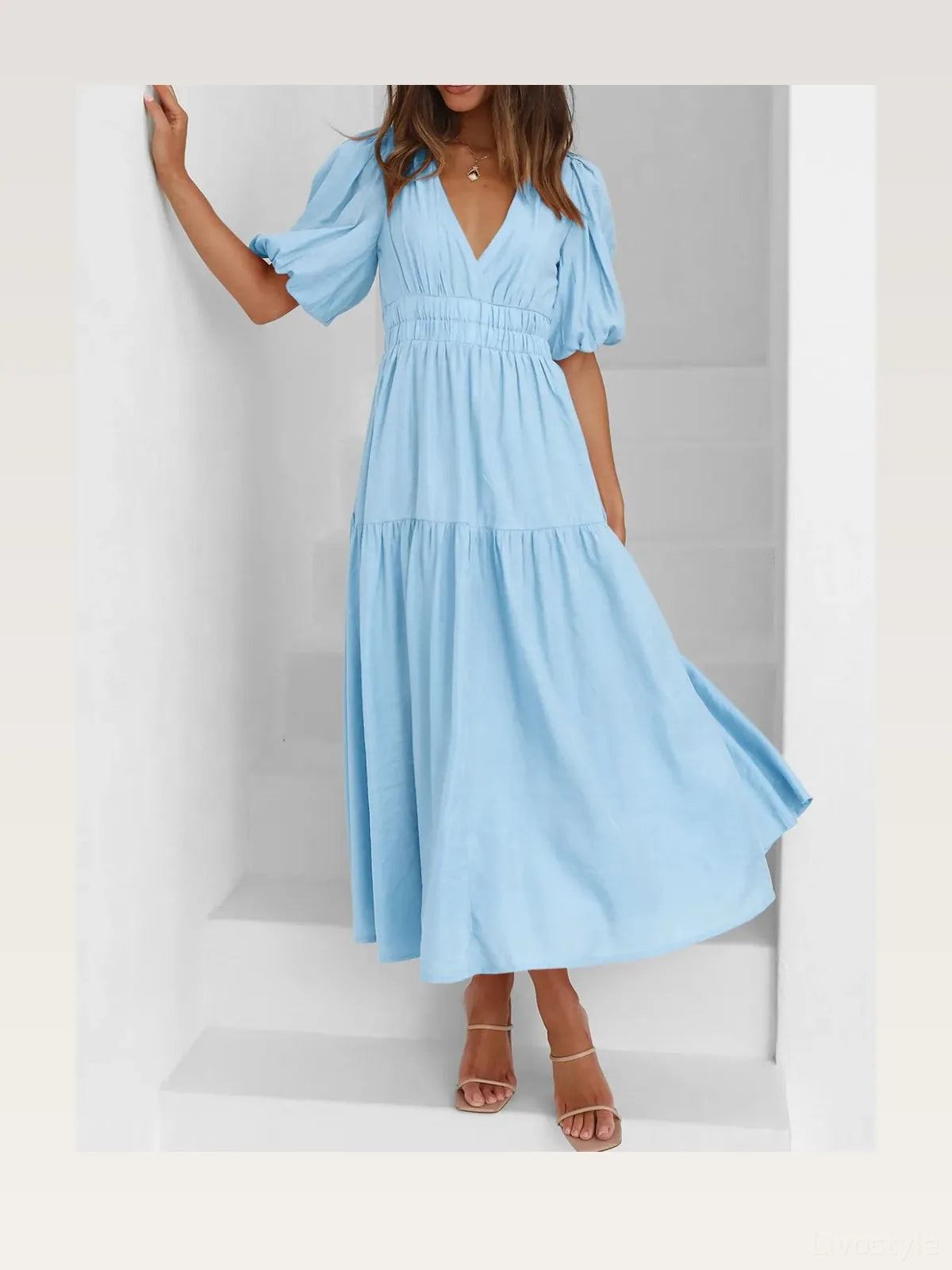 V-Neck Puff Sleeve Midi Dress — styled showcase — Livostyle