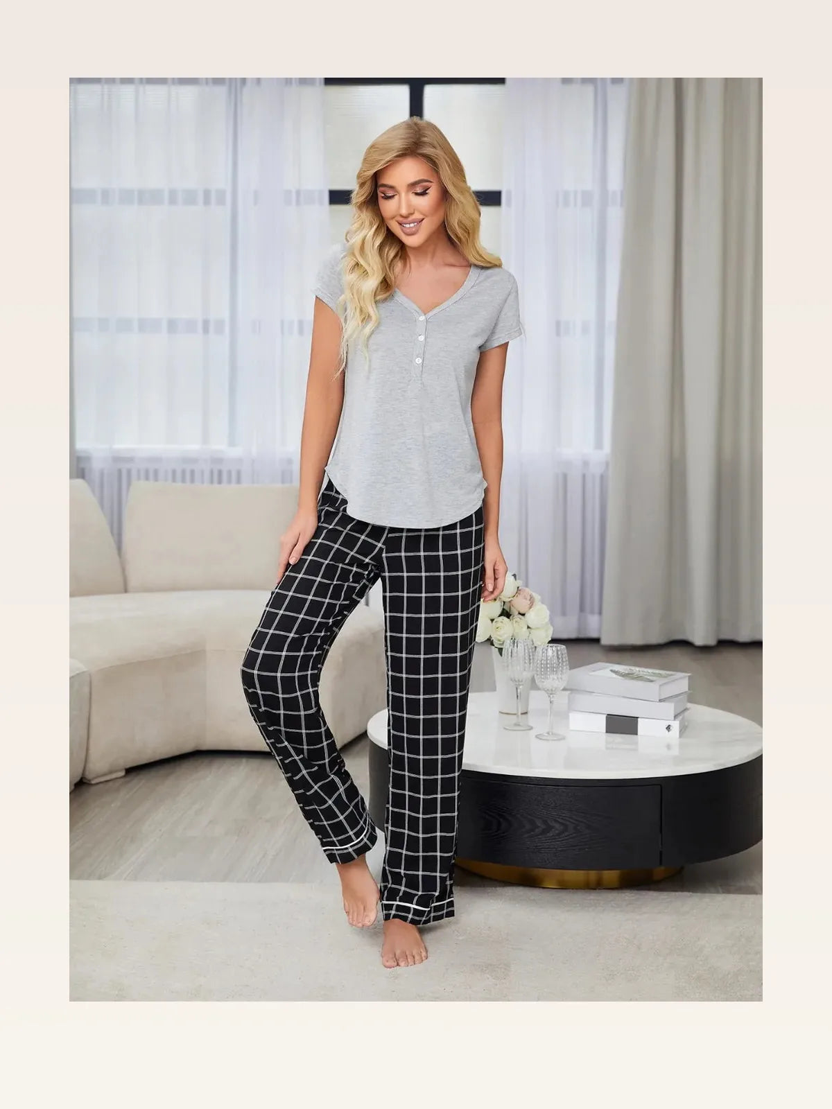 V-Neck Short Sleeve Top and Pants Lounge Set in Black — styled showcase — Livostyle