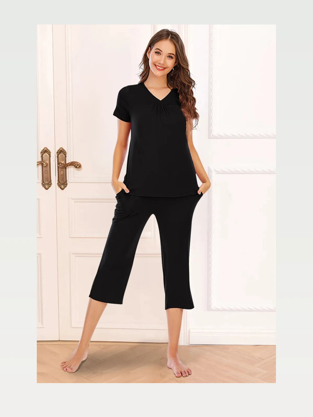 V-Neck Short Sleeve Top and Pants Lounge Set — styled showcase — Livostyle