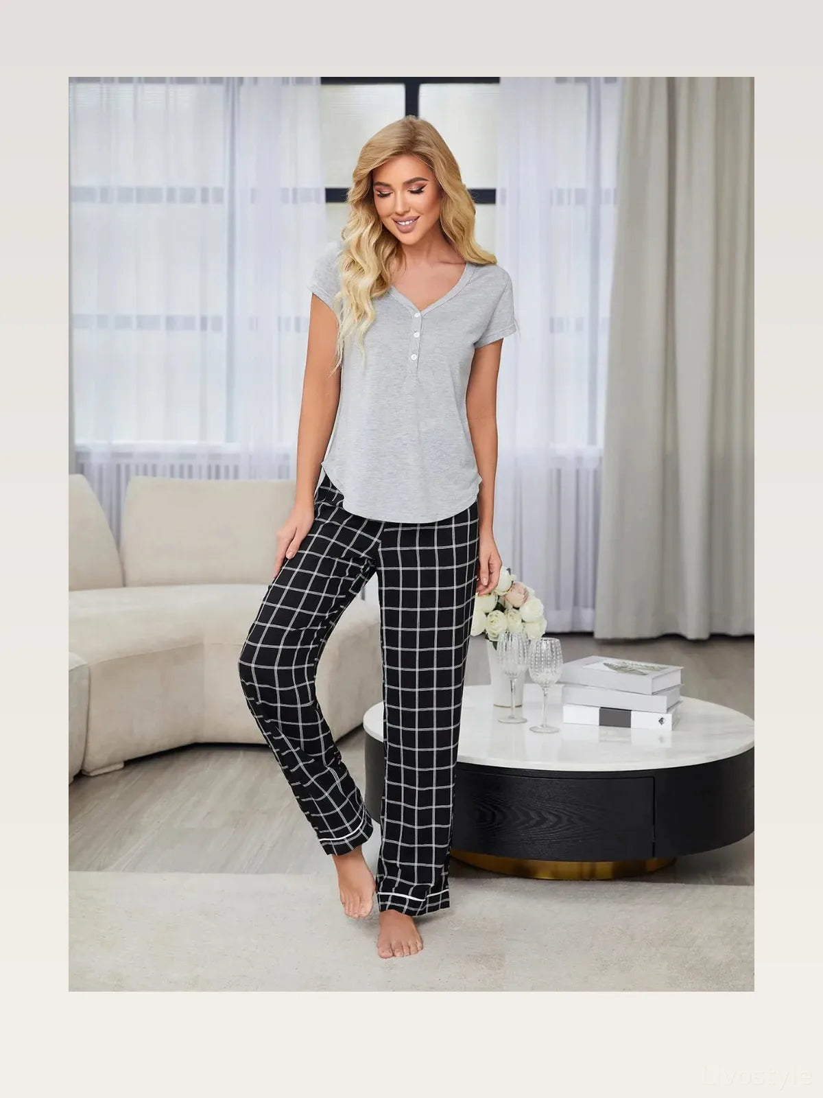 V-Neck Short Sleeve Top and Pants Lounge Set in Black — styled showcase — Livostyle