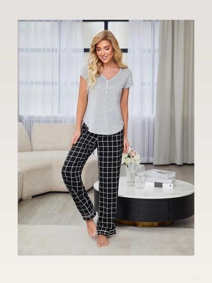 V-Neck Short Sleeve Top and Pants Lounge Set in Black — styled showcase — Livostyle