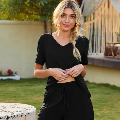 V-Neck Short Sleeve Top and Pocketed Shorts Lounge Set — square view — Livostyle