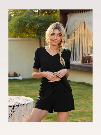 V-Neck Short Sleeve Top and Pocketed Shorts Lounge Set — styled showcase — Livostyle
