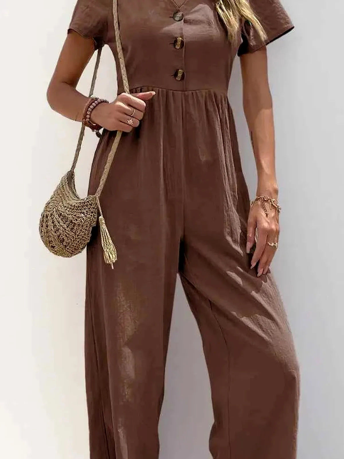 V-Neck Short Sleeve Wide Leg Jumpsuit — detail view — Livostyle