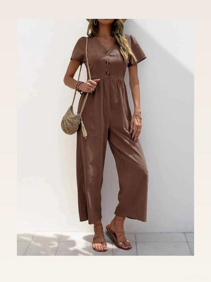 V-Neck Short Sleeve Wide Leg Jumpsuit — styled showcase — Livostyle