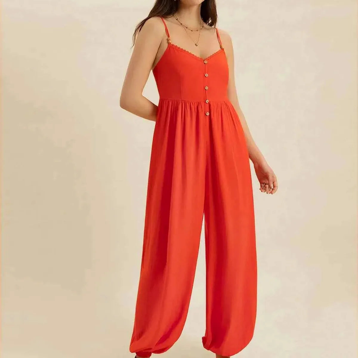 V-Neck Spaghetti Strap Jumpsuit — square view — Livostyle